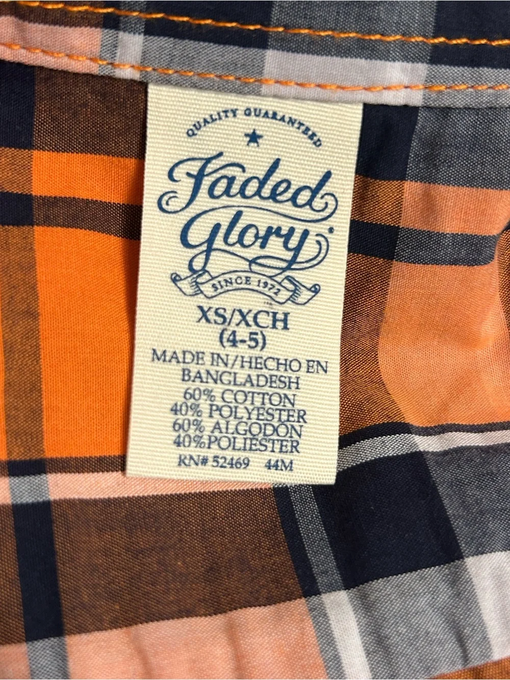 NWOT-Boys Faded Glory Orange and Black Plaid Short-Sleeve Button-Down Shirt